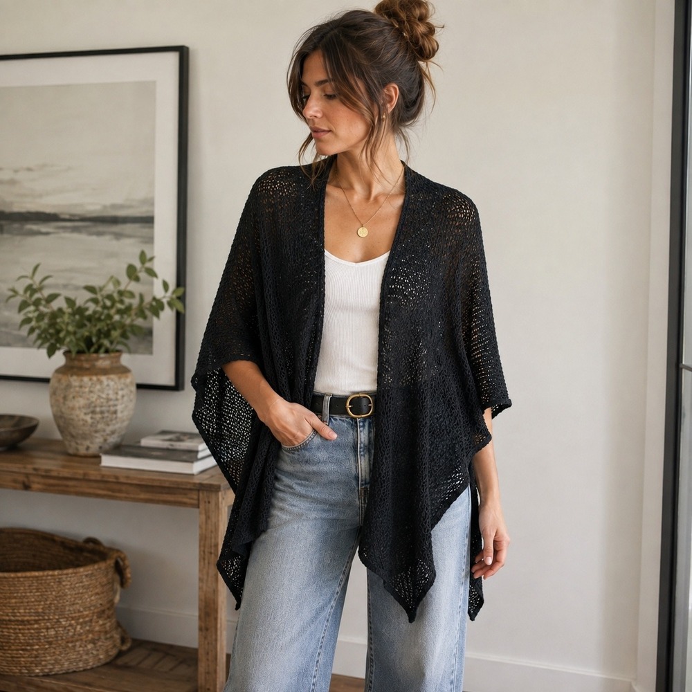 Wooden Ships Pauola Buendia Black Open Knit Ruana Poncho Wrap Size XS READ